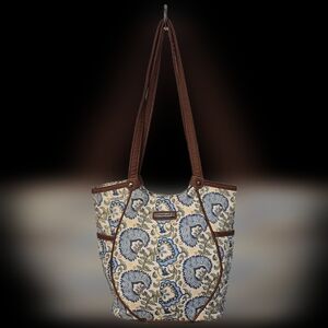 Brown and Blue Tote with Paisley Pattern and Leather Handles